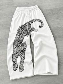 Zrgoth Men's Street Style Wide Leg Long Pants With Jumping Leopard Print Elastic Waist Casual Sweatpants - White - View 3