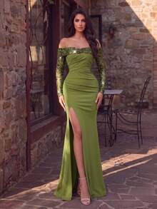 Women's Open Shoulder Long Slit Evening Gown, Contrast Color Sequin Sleeves, Romantic Formal Party Dress - Dark Green - View 4