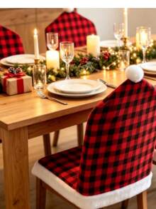 1pc Christmas Chair Cover Red & Black Plaid Decorative Christmas Chair Set - Multicolor - View 4