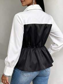 Women's Plus Size Contrast Color Frog Button Design Ruffle Hem Blouse - Black and White - View 2