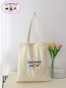 Fashionable Minimalist Butterfly Line Print Canvas Tote Bag - Beige - View 1