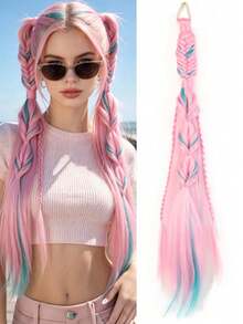 26inch Pink Braided Ponytail Extensions,Reusable Elastic Rubber Band Hair Accessory For Cosplay,Festival, Party And Daily Wear - Multicolor - View 8