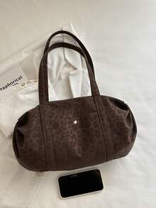 Tas Boston Vintage Motif Leopard Cokelat Kapasitas Besar, Tas Bahu Kasual Besar untuk Wanita, Cocok untuk Aktivitas Sehari-hari, Perjalanan, dan Bepergian - MultiWarna - View 5