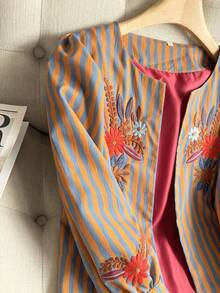 Women's Open Front Printed Embroidered Long Petal Sleeve Round Neck Loose Short Woven Blue & Orange Jacket, Vintage Casual Weekend Outfit, Spring/Autumn - Orange Blue - View 10