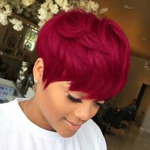 Green & BUG Red Color Layered Pixie Cut Human Hair Wigs For Women 6 Inch Short Pixie Cut Wig 150% Density Full Machine Made Wig With Bangs 1 Pc Human Hair Wig For Music Festival Daily Party Wear - SBUG - View 3