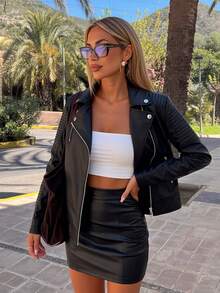 Women's Faux Leather Jacket, Casual Short PU Motorcycle Jacket Black Fall - Black - View 9