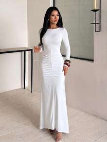 Autumn Solid Color Open Back Ruched Long Sleeve Dress Women Elegant Dress Party Date - White - View 2