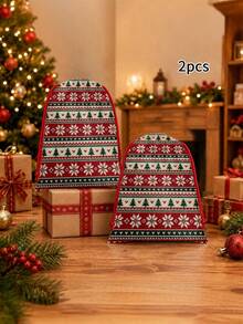 2pcs Red & Green Snowflake Christmas Tree Print Gift Wrapping Bags, Nordic Style Fabric Rectangular Drawstring Gift Sacks With Knit-Look Pattern For Christmas Presents, Party Favors & Holiday Decor - Multicolor - View 14