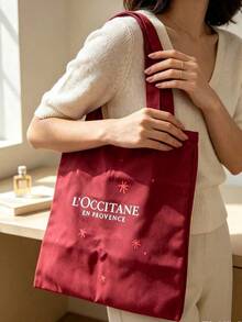 L'Occitane Red Canvas Tote Bag Double Sided Print Star Pattern Large Capacity Shoulder Handbag Casual Commute Beach Shopping Cosmetic Storage Gift Bag For Women - Red - View 8