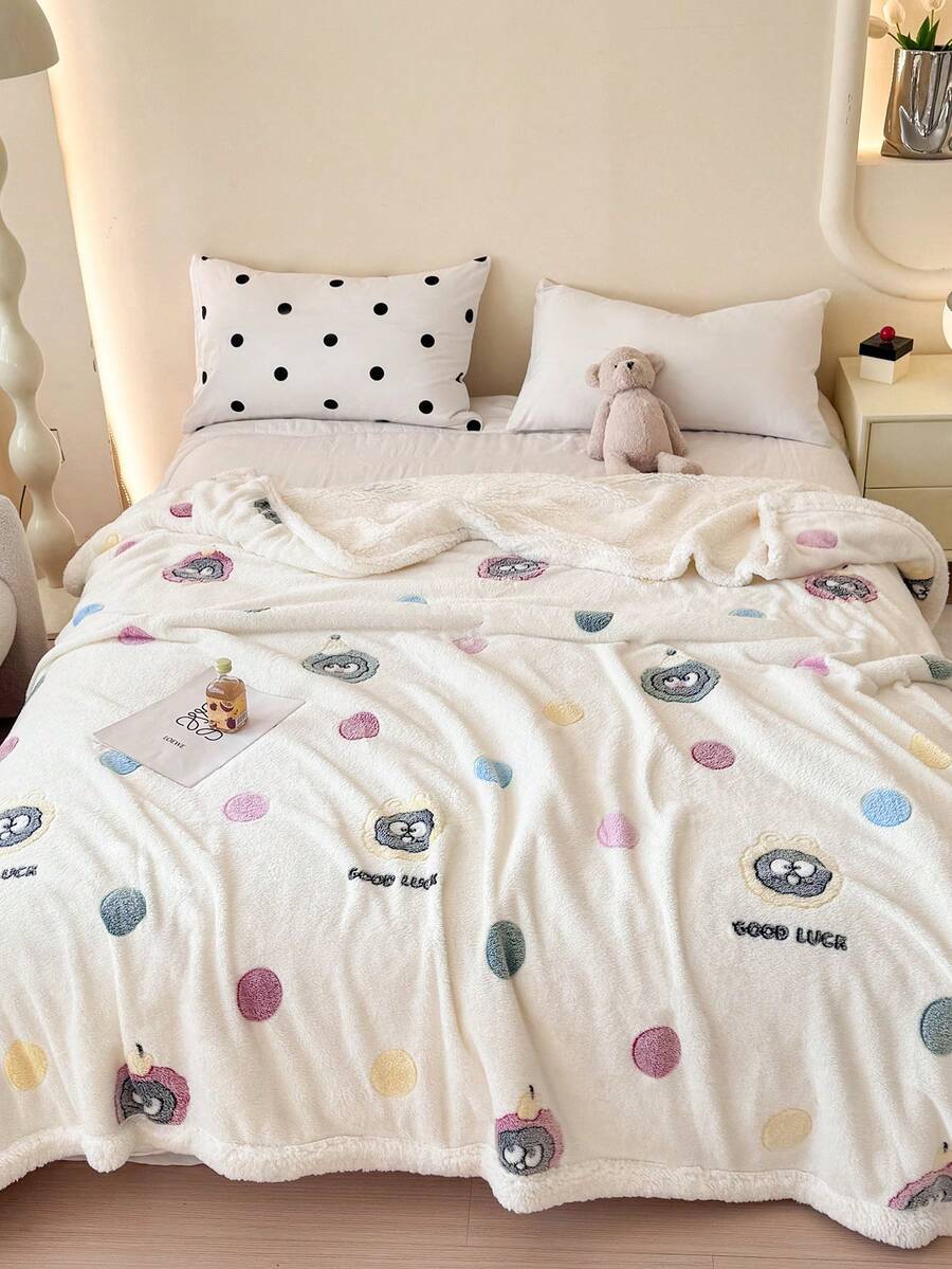 1pc Beige Cartoon Pattern Blanket, Warm & Thick, Soft & Comfortable, Suitable For Home Decor, Bed, Sofa, Office, Room Decoration, Dorm, Machine Washable, Back To School Dorm Decor College Decor - Beige - View 1