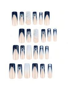 24 Autumn/Winter Long Square Press-On Nails, Navy French Nude Pink False Nails, 3D Embossed Blue & White Hand-Painted Floral Gradient Shell Pearl Rhinestone Finished Nail Tips, Removable & Reusable Manicure Set With Jelly Glue And Nail File - Multicolor - View 2