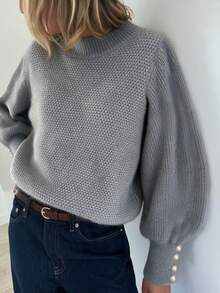 Women's Fall Winter Heather Gray Waffle Knit Mock Turtleneck Lantern Sleeve Pearl Button Cuff Oversized Sweater, Elegant Casual Daily Office Wear - Grey - View 7