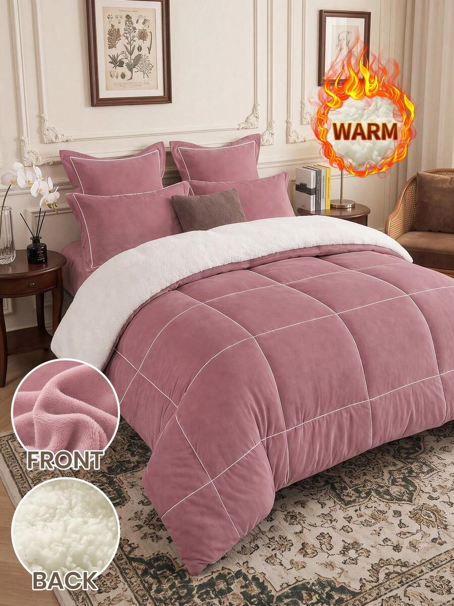 1pc Ultra Soft Fleece Quilt Core, Skin-Friendly Lightweight Breathable, Comfortable Sleep, Durable Anti-Pilling, Square Stitching Fluffy, Bedroom Decor, Suitable For All Seasons, No Pillow And Pillowcase Included, Home Decor, Back To School Season - Red Bean Paste Color - View 1