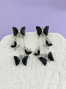 New Butterfly Flying Fairy Tassel Stud Earrings, Exquisite Luxury Elegant Cool High-End Fashion Ear Jewelry - Black - View 4