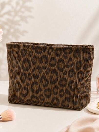 Brown Leopard Print Corduroy Makeup Bag, Portable Travel Toiletry Bag, Easy To Clean. Beauty Storage Bag, Suitable For Moms, Teachers, Nurses, Home And Travel Essential, Travel Organizer Bag
