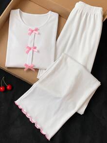 2 Pieces Sweet Girl Bow Home Set, White Pit Stripe Round Neck Long Sleeved Loose Pants, Suitable For Daily Casual Wear In Spring, Autumn And Winter. - White - View 3
