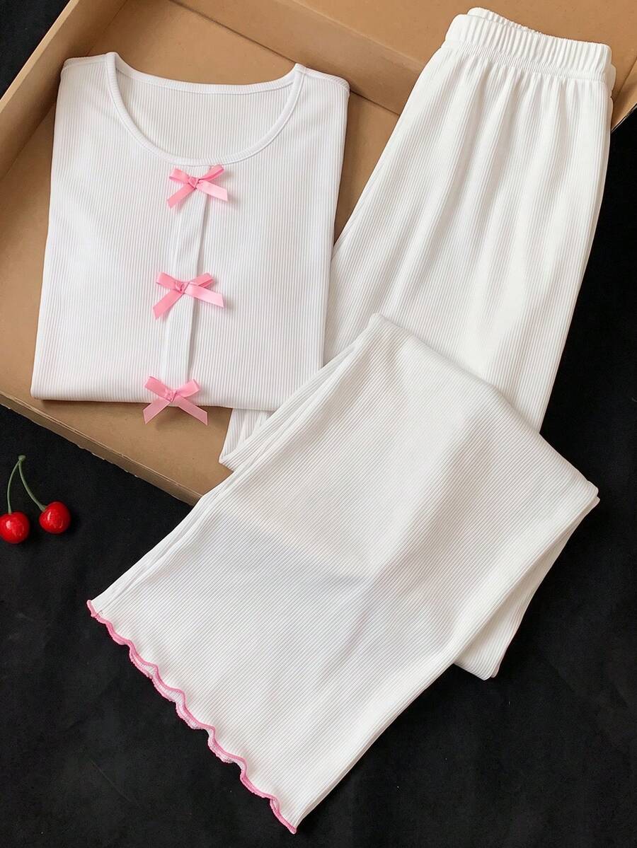 2 Pieces Sweet Girl Bow Home Set, White Pit Stripe Round Neck Long Sleeved Loose Pants, Suitable For Daily Casual Wear In Spring, Autumn And Winter. - White - View 1