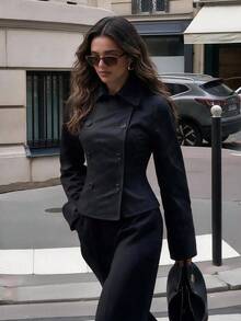 Women Double Breasted Windbreaker Lapel Long Sleeve Coat Casual Outfits For Fall Winter Daily Commuting Going Out Dating - Black - View 1