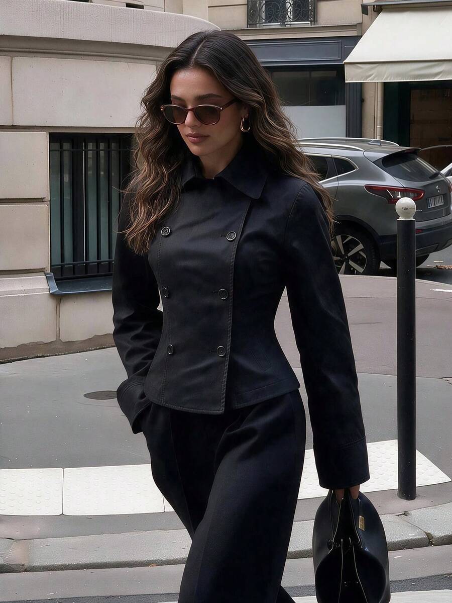 Women Double Breasted Windbreaker Lapel Long Sleeve Coat Casual Outfits For Fall Winter Daily Commuting Going Out Dating - Black - View 1