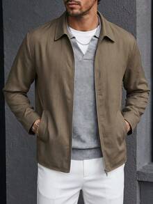 Jaket Linen Model Shacket, Musim Semi/Panas/Autumn, Warna Khaki Tua, Jaket Linen Kasual Minimalis - Khaki - View 2