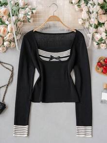 Women's Sexy Bowknot Decor Long Sleeve Sweater - Black - View 7