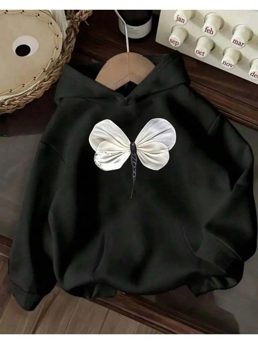 Women's Dragonfly Printed Fleece-Lined Hooded Sweatshirt - Black - View 1