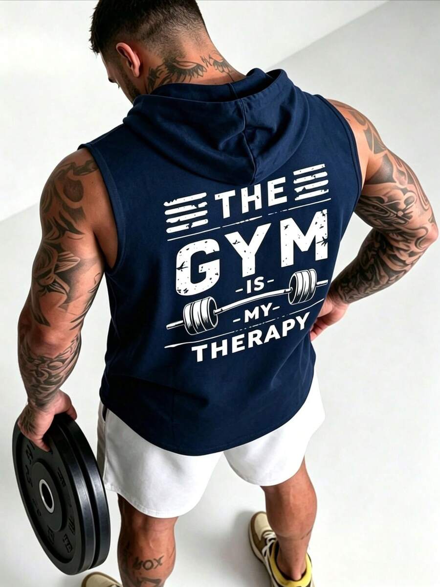 ZYNTH BALENO Men's Casual Dumbbell Print Hooded Tank Top, Suitable For Daily Wear And All-Season Sports, Black Summer Style
