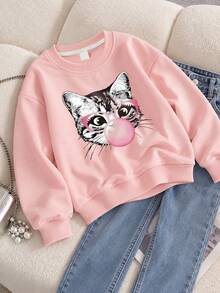 Big Girls Pink Crew Neck Sweatshirt, Cute Cat Blowing Bubble Gum With Pink Glasses Loose Pullover - Pink - View 8