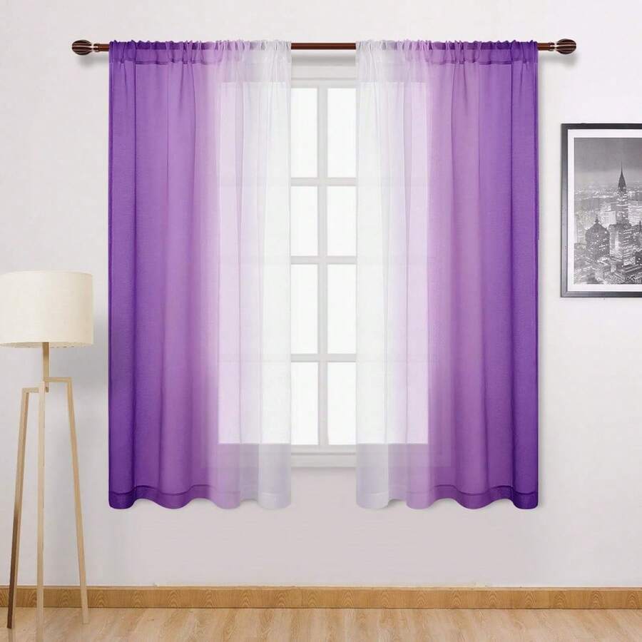 2pcs Modern Gradient Print Sheer Curtains, Translucent Polyester Material, Suitable For Living Room, Bedroom, Kitchen - Rod Pocket Design, Machine Washable, Living Room Curtains - Purple - View 1