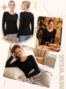 Women's Seamless Ultra-Thin Warm Long Sleeve Crew Neck Base Layer Top, Lightweight Autumn/Winter Layering Shirt - Black - View 6