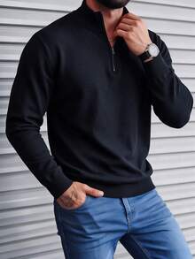 ALTZTAR 男士純色長袖拉鍊半門襟 Polo 衫 - 黑色 - 查看 1