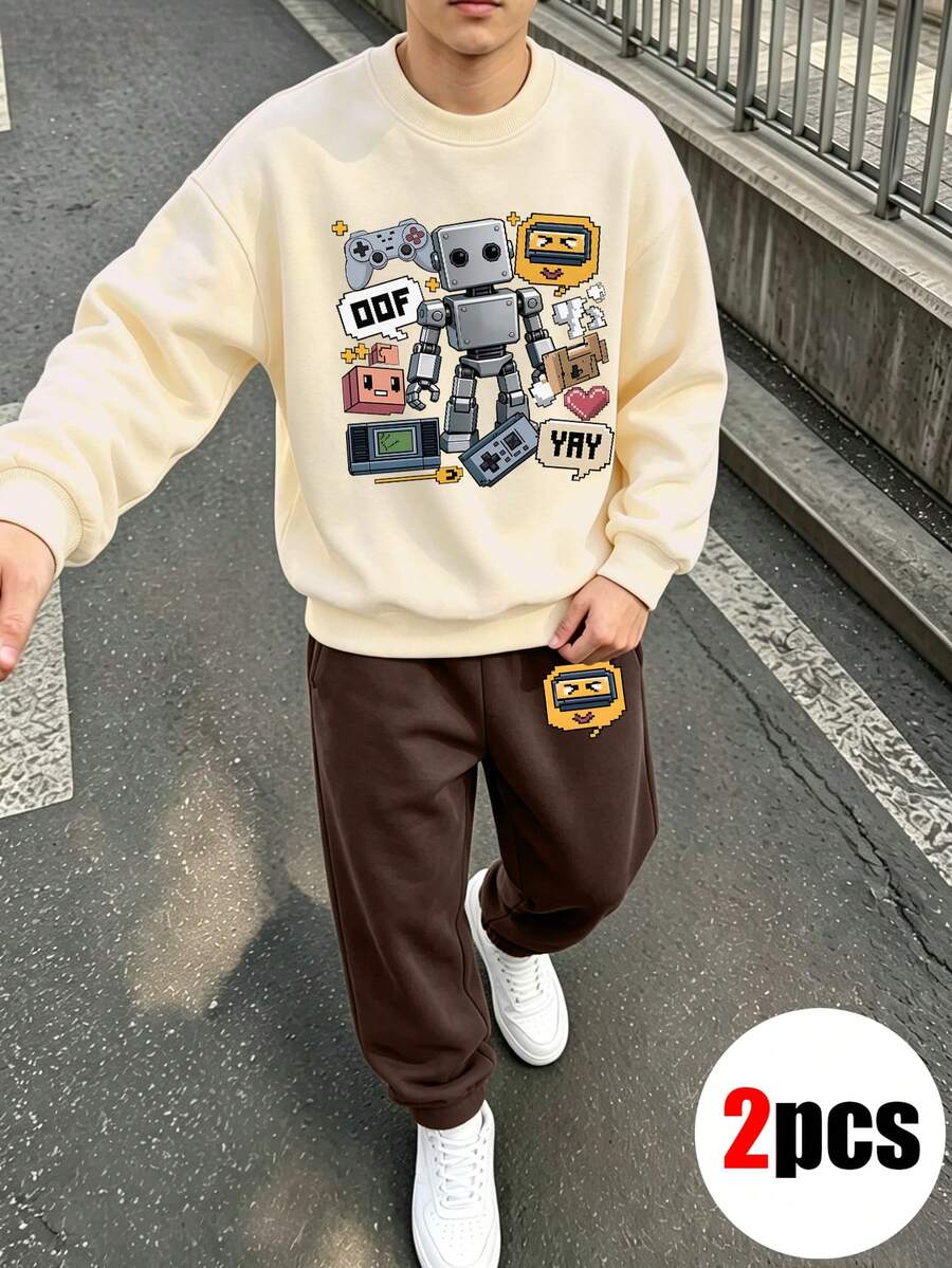 Bộ 2 món cho bé trai gồm áo nỉ cổ tròn in robot và máy chơi game phối cùng quần nỉ đơn giản, trang phục thoải mái cho mùa thu/đông - Màu be - Xem 1