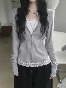 Waist-Cinching Zipper Hoodie, Hot Girl Style, Versatile Loose Fit Autumn Jacket, Hooded Top - Grey - View 6