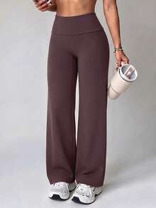 Aoqta Sports Women's Fall Casual Knitted Straight Leg Pants, Solid Color Folded Wide Waist Loose Sports Pants, For Yoga, Fitness And Daily Wear - Brown - View 10