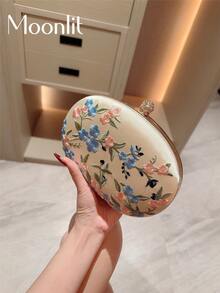 Moonlit Eve Bag 1pc Exquisite Floral Embroidered Pattern Fabric Mini Handbag, Vintage Evening Party Style, Suitable For Cheongsam, Ideal For Banquets, Balls, Parties And Other Occasions - Gold - View 8