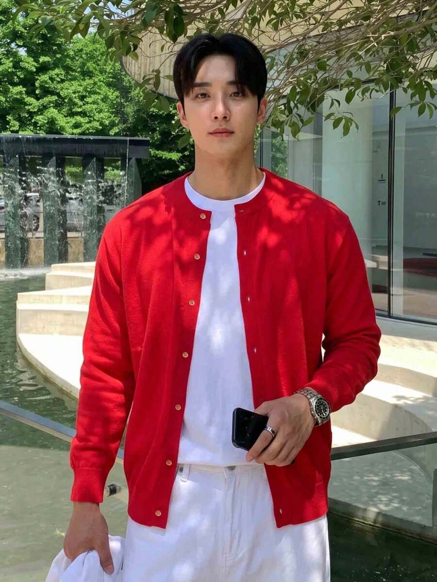 Unisex Casual Solid Color Loose Fit Round Neck Button Up Long Sleeve Cardigan Sweater, Suitable For Autumn And Winter - Red - View 1