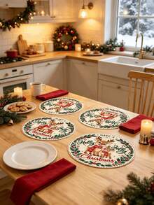 1/2/4pcs Christmas Placemats, Reindeer And Berry Elements, Round Design, Linen Material, Suitable For Christmas Decoration, Family Gatherings, Parties, Table Decor, Holiday Decor, Indoor Decor. - Multiple Styles - View 2