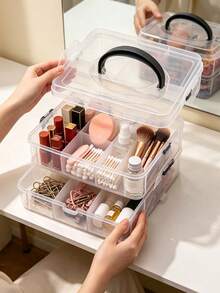 1pc Multi-Layer Divided Transparent Plastic Storage Box With Handle, Thickened Transparent Material, Multi-Compartment Classification Storage, Flip Lid With Snap Seal Dust-Proof, Stackable Space-Saving Design, Portable Handle For Easy Movement, Suitable For Storing Hair Ties, Hair Clips, Jewelry, Cosmetics, Handmade Beads Accessories, Ideal For Vanity, Desk, Bedroom Use, Multi-Functional Home Storage Box, Desktop Organizer, Beauty Accessories Classification Storage Box, Handmade Small Items Storage Box, Home Desktop Tidy Storage Solution - Clear - View 2