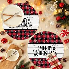 2pcs/4pcs/6pcs/8pcs Christmas Pattern Happy Holiday Kitchen Dining Table Placemats Round Table Mats Round Tablecloth Holiday Tabletop Decoration 13.7in X 13.7in Seasonal Home Decor Round Design Holiday Decoration Thickened Linen Material - Multicolor - View 7