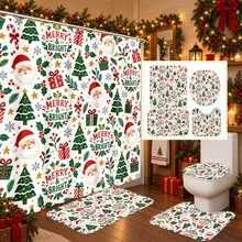 1pc/4pcs Cartoon Santa Claus Head Pattern Multi-Functional Bathroom Decor Shower Curtain Set, Free 12 Hooks, Premium Holiday Atmosphere, Bathroom Mat, U-Shaped Floor Mat And Round Toilet Lid Cover, Suitable For All Scenes Decoration, Bathroom Set - Cartoon Santa Claus Head - View 1