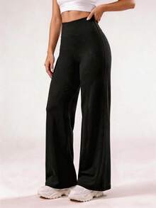 Solid Color High Waist Casual Straight Leg Stretch Pants Black - Black - View 4