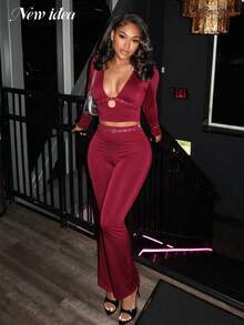 NEW IDEA Women's Sexy Burgundy Fall Winter Two‑Piece Set, Deep V Long Sleeve Crop Top + High Waist Flare Pants For Night Out, Party, Going Out - Burgundy - View 5