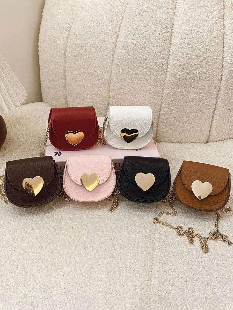 Vintage Litchi Texture Mini Saddle Bag, Heart Metal Lock Chain Crossbody Bag, Versatile Coin Purse For Girls - A - View 1