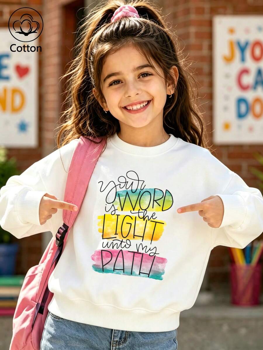 Children's Casual Crew-Neck Sweatshirt, Long-Sleeve Crew-Neck Sweatshirt With Gradient Artistic Lettering Print - White - View 1