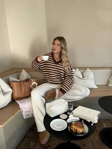 MORI Fall Winter Women Sweaters Elegant Casual Y2K Brown Striped V Neck Drop Shoulder Oversized Loose Fit Long Sleeve Knit Pullover Top - Coffee - View 5