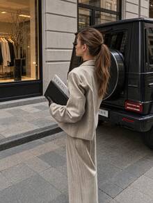 Women Fall Fashion Elegant Casual Beige Pin Stripe Long Sleeve Blazer & Wide Leg Pants 2 Pieces Set For Office Work Going Out - Beige - View 3