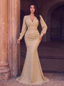 Women's Solid Color Pleated Elegant Waist-Cinching Evening Dress - Champagne - View 5