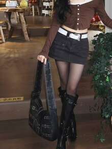 復古 Y2K 熱辣女孩通勤休閒購物女款單肩托特包，美式復古 Y2K 風格皮革皮帶扣設計，斜挎腋下包，小眾 INS 風格亞文化極簡托特包 - 黑色 - 查看 5