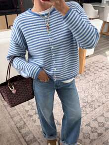 Women's Striped Knit Cardigan, Cropped Blue And White Stripe Button Detail Long Sleeve Round Neck Sweater For Spring Outfits, Medium Stretch Knitwear - Blue and White - View 2