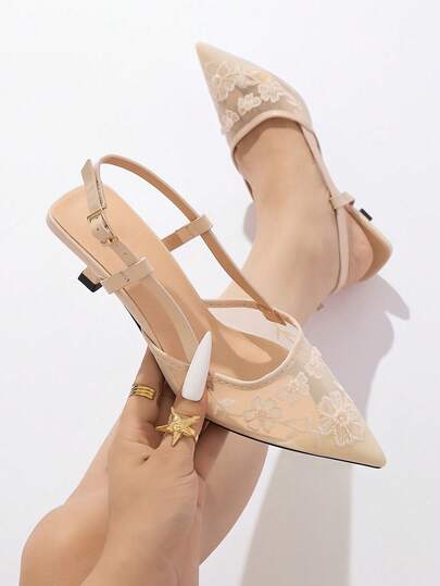 Women's Floral Embroidered Sheer Mesh Adjustable Buckle Back Strap Pointed Toe Kitten Heel Low Heel Elegant Nude Beige PU High Heel Pumps For Daily Office Date Shopping Spring Summer Autumn Winter